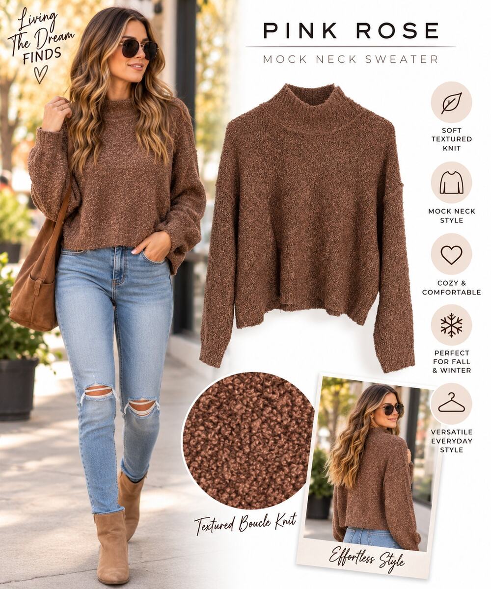 Pink Rose Women’s Medium Brown Boucle Mock Neck Sweater Long Sleeve Cozy Knit